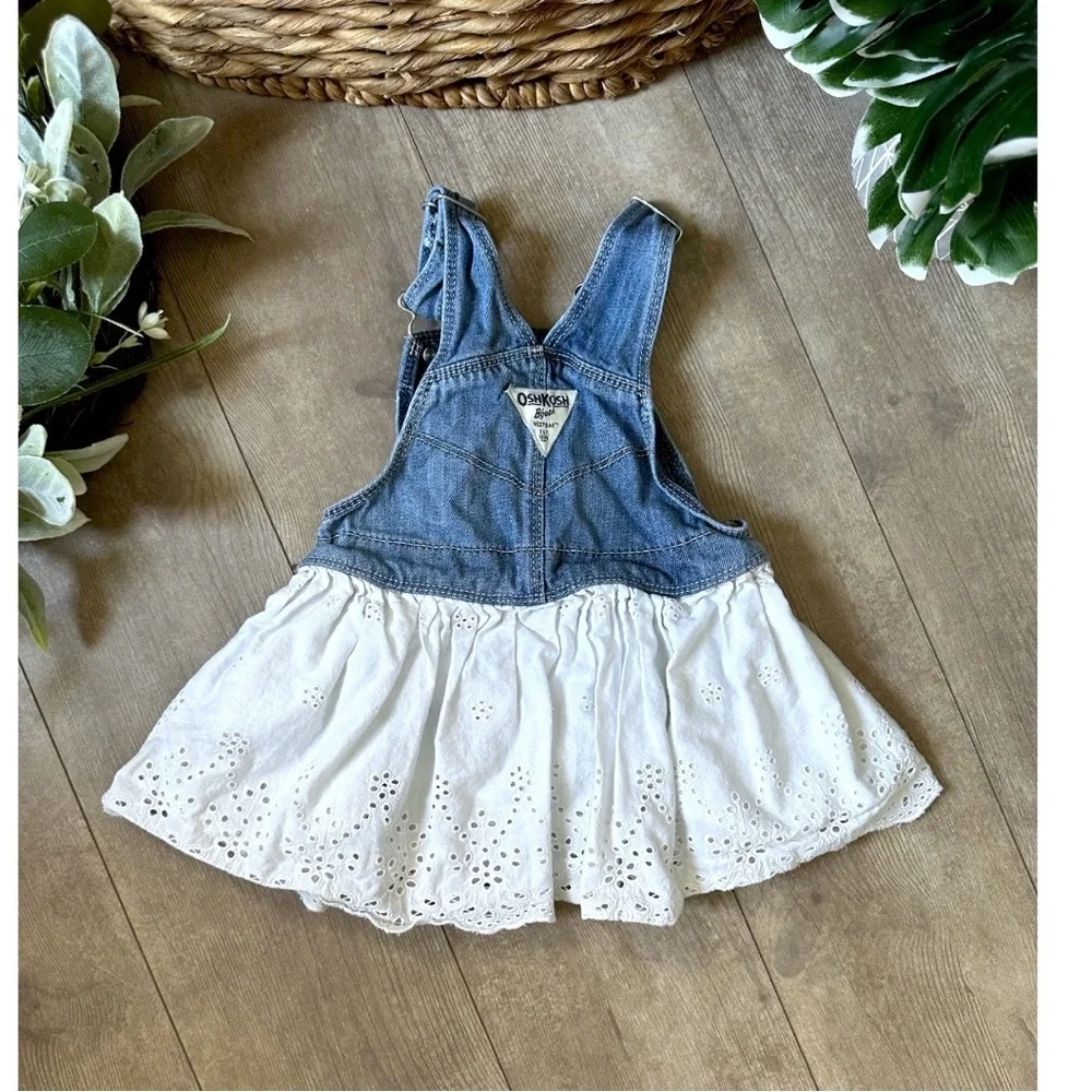 OshKosh B'gosh Blue and White Denim Eyelet Overalls Jumper Dress 18m Girl